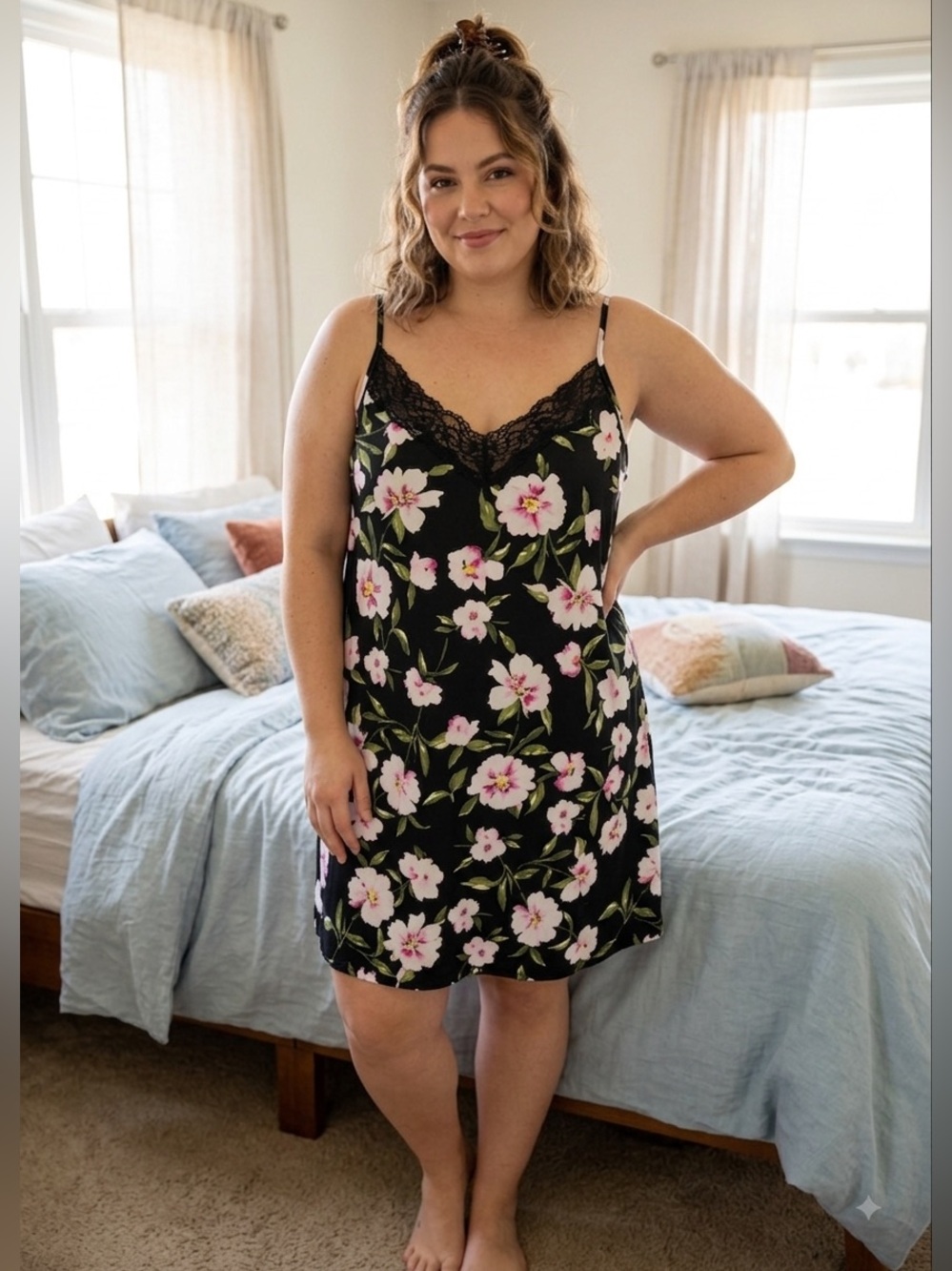 Joyspun Floral Lace-Trim Slip Chemise Size XL (16-18) NWT